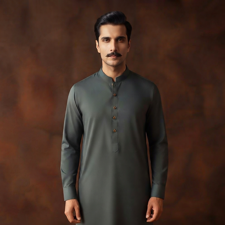 Classic Fit Band Collar Plain Kameez Shalwar