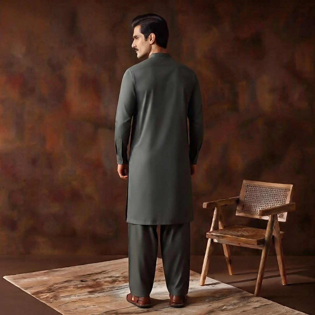 Classic Fit Band Collar Plain Kameez Shalwar