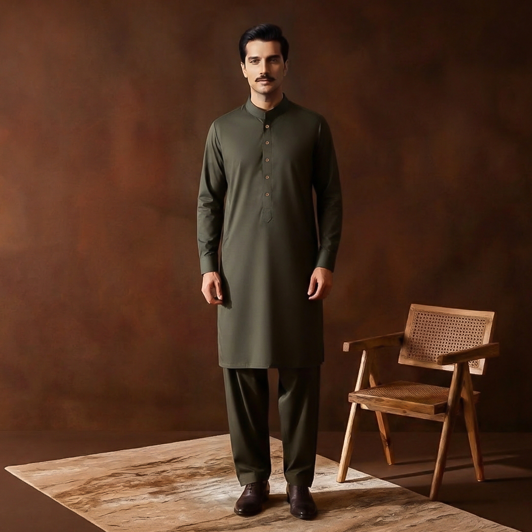 Classic Fit Band Collar Plain Kameez Shalwar