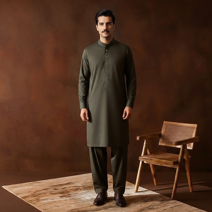 Classic Fit Band Collar Plain Kameez Shalwar