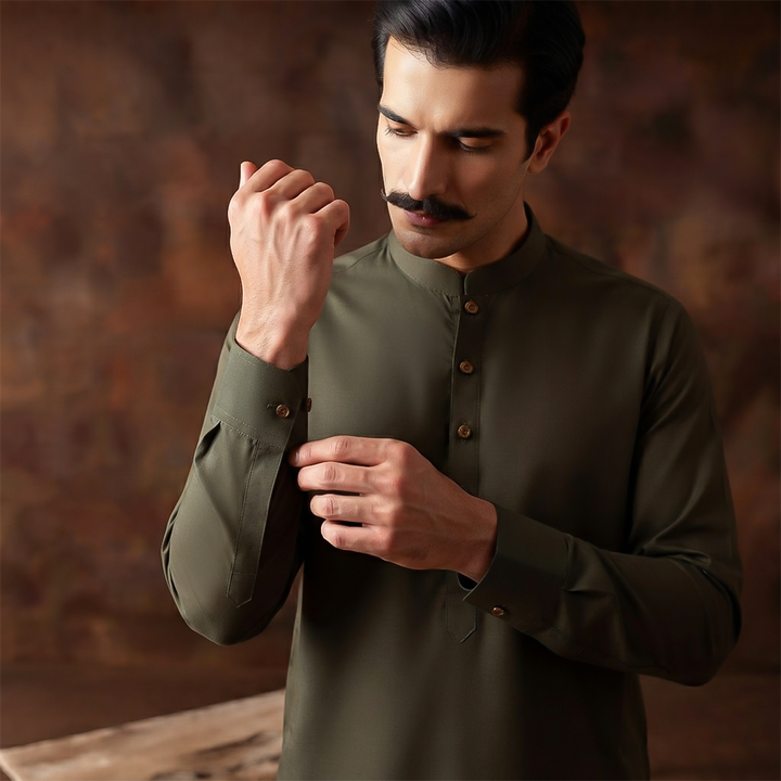 Classic Fit Band Collar Plain Kameez Shalwar