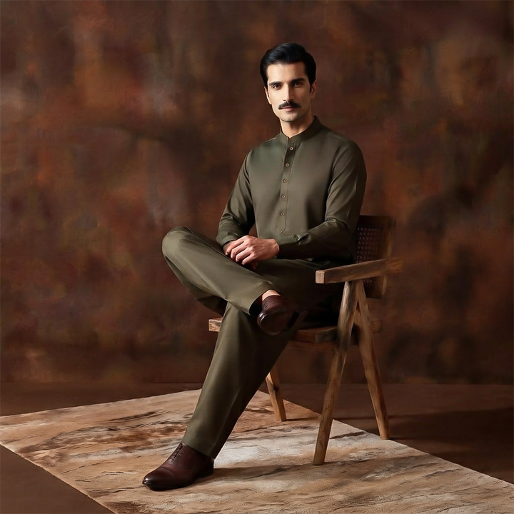 Classic Fit Band Collar Plain Kameez Shalwar