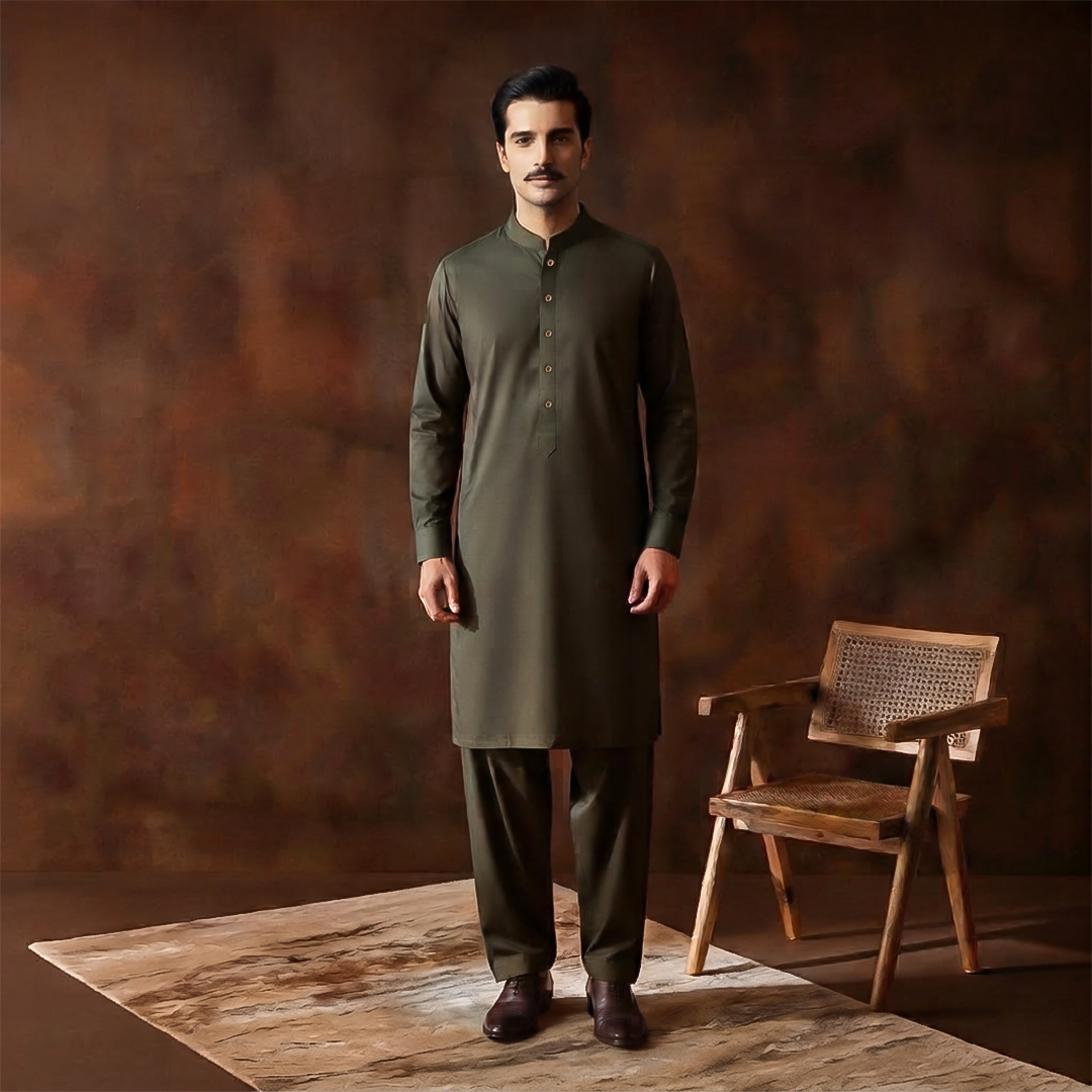 Classic Fit Band Collar Plain Kameez Shalwar