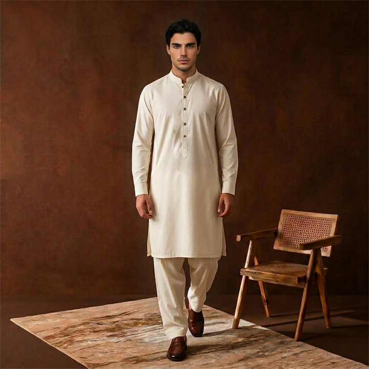 Classic Fit Band Collar Plain Kameez Shalwar