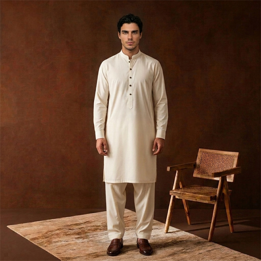 Classic Fit Band Collar Plain Kameez Shalwar