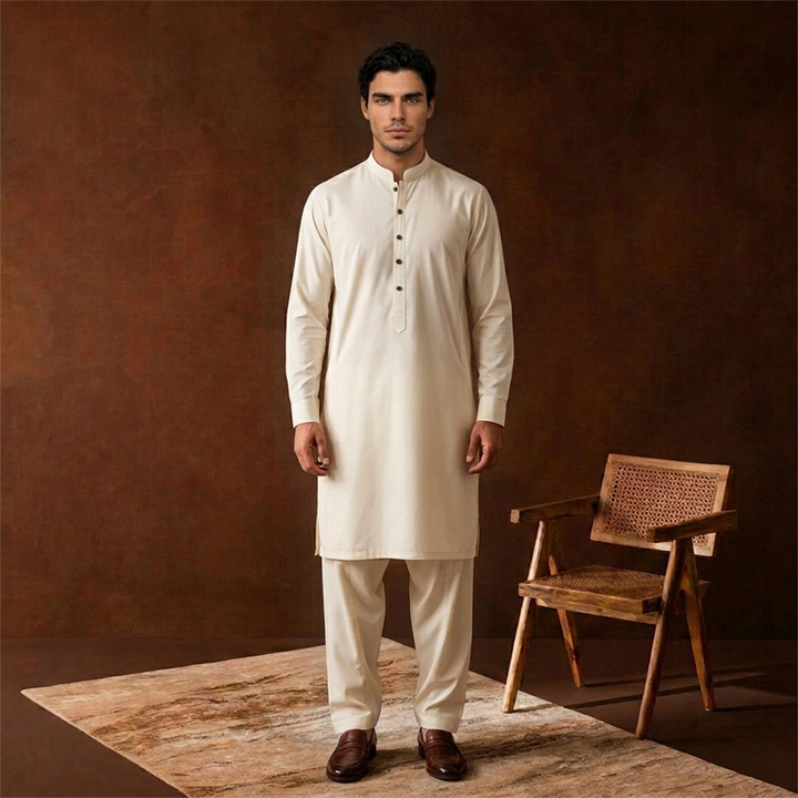 Classic Fit Band Collar Plain Kameez Shalwar