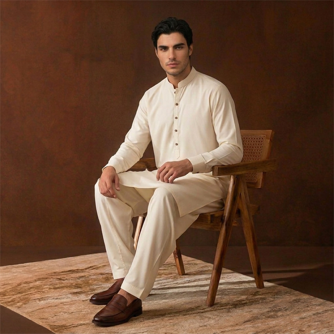 Classic Fit Band Collar Plain Kameez Shalwar