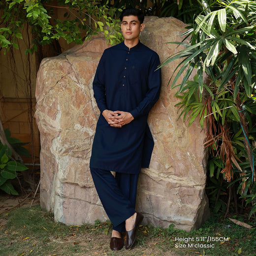 Classic Fit Band Collar Pocket Emb Suit