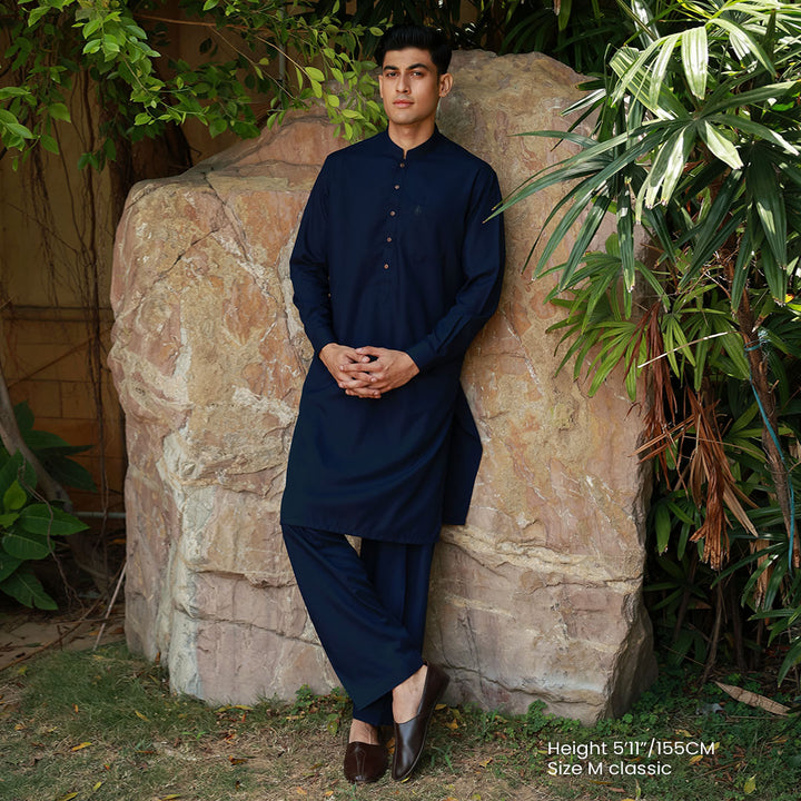 Classic Fit Band Collar Pocket Emb Suit