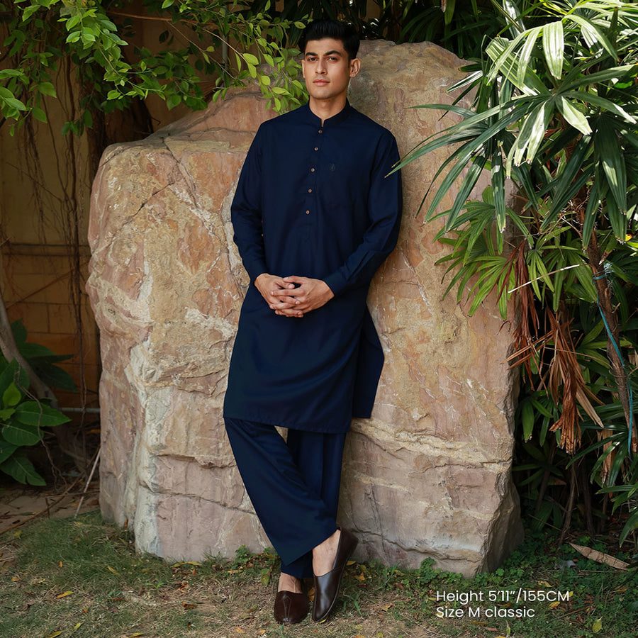 Classic Fit Band Collar Pocket Emb Suit