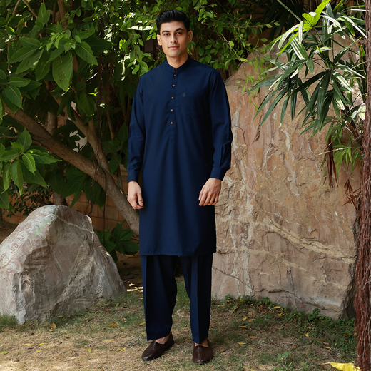 Classic Fit Band Collar Pocket Emb Suit