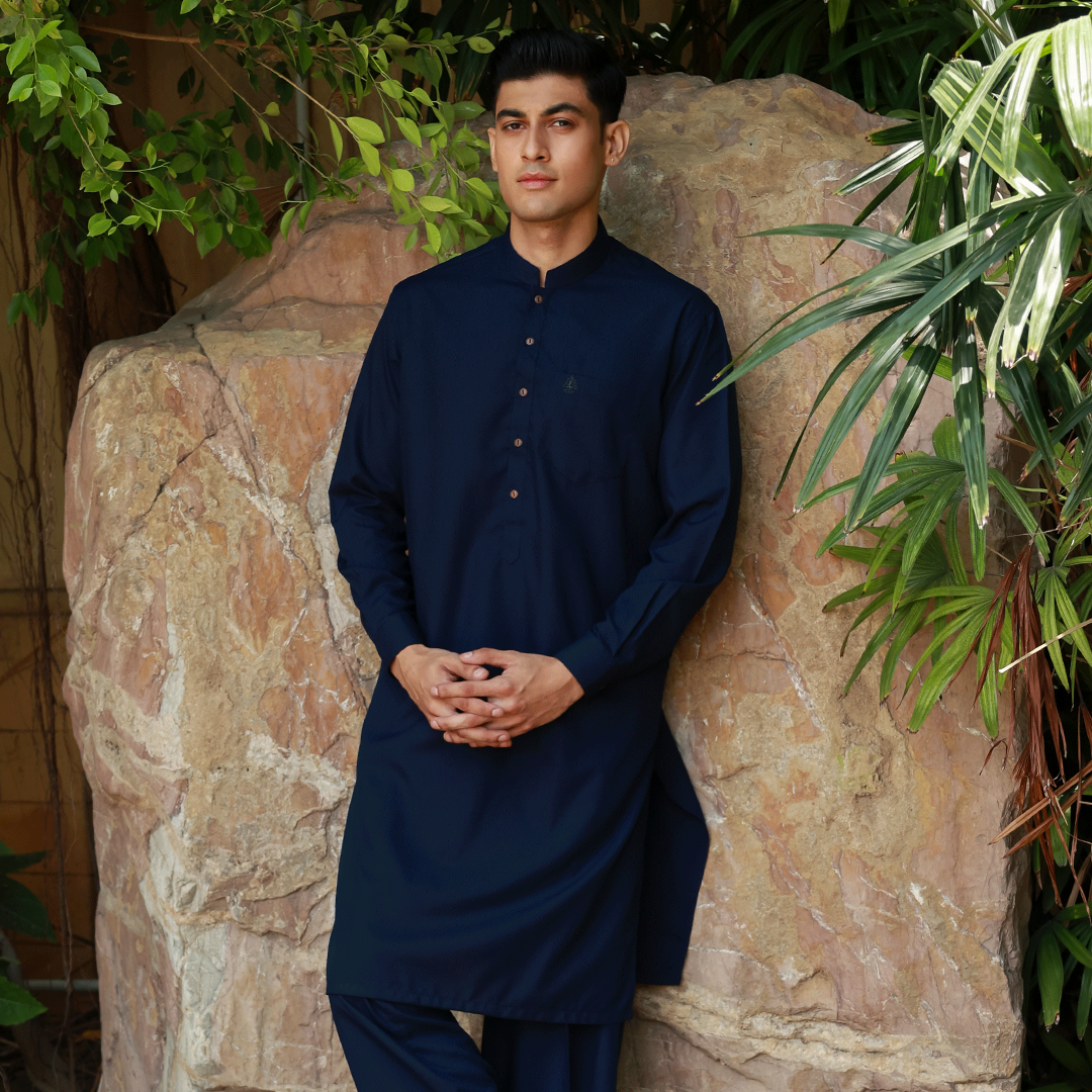 Classic Fit Band Collar Pocket Emb Suit