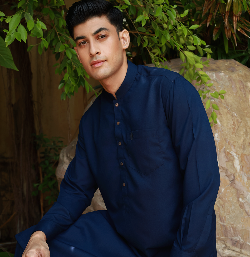 Classic Fit Band Collar Pocket Emb Suit