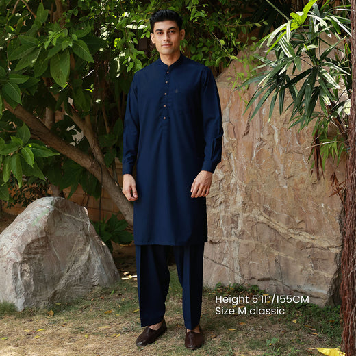 Classic Fit Band Collar Pocket Emb Suit