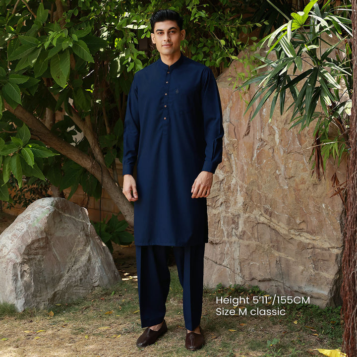 Classic Fit Band Collar Pocket Emb Suit