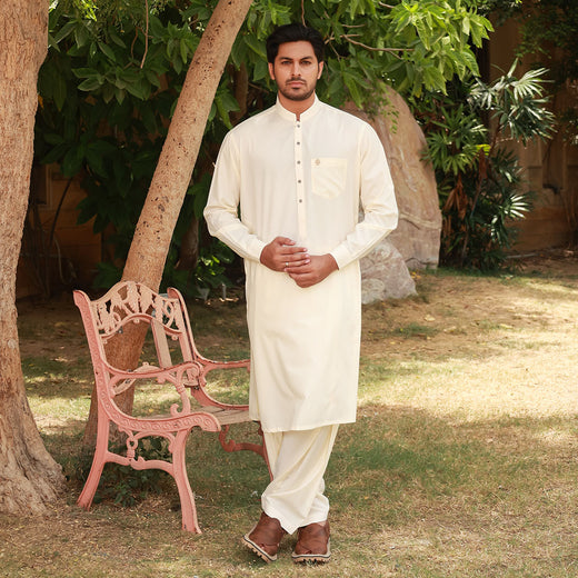 Classic Fit Band Collar Pocket Emb Suit