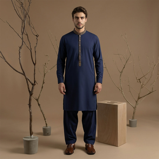 Classic Fit Emb Band Collar Kameez Shalwar