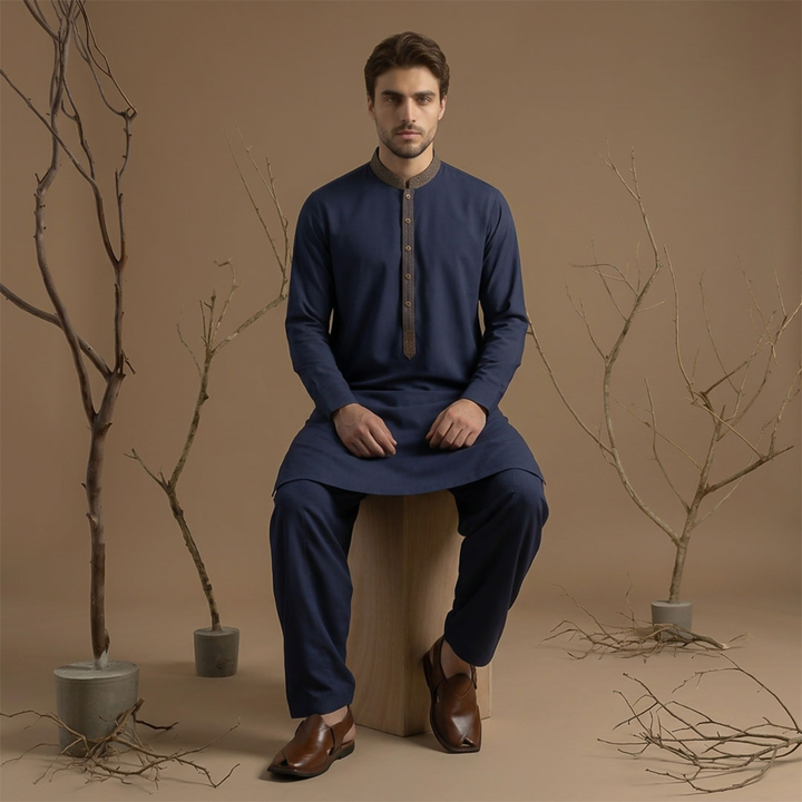 Classic Fit Emb Band Collar Kameez Shalwar