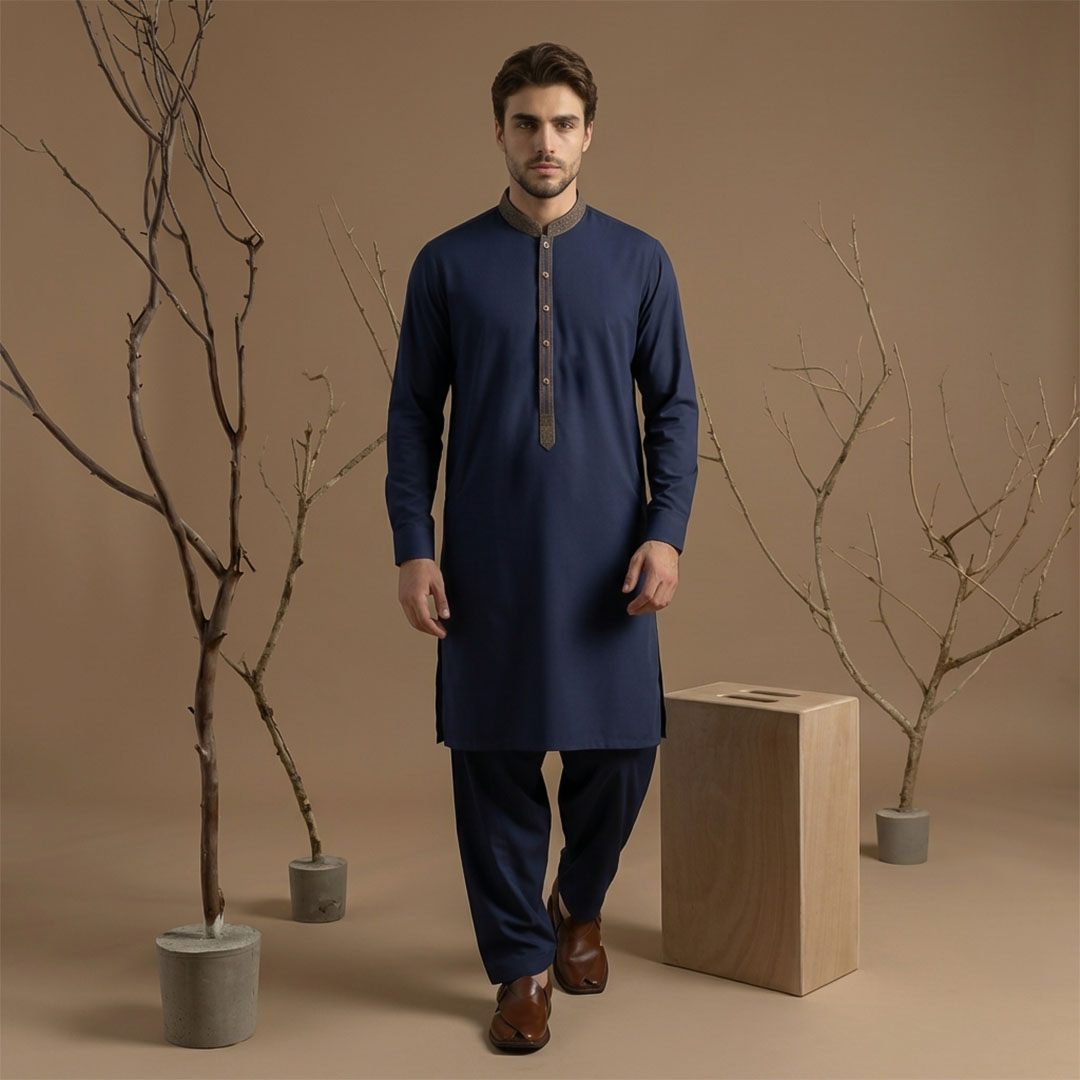 Classic Fit Emb Band Collar Kameez Shalwar