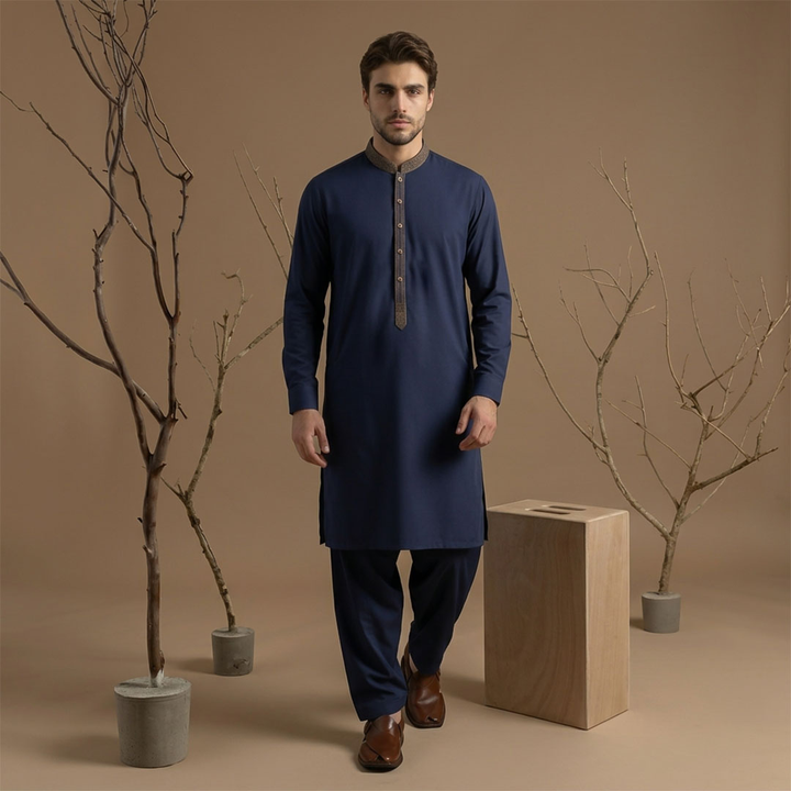 Classic Fit Emb Band Collar Kameez Shalwar
