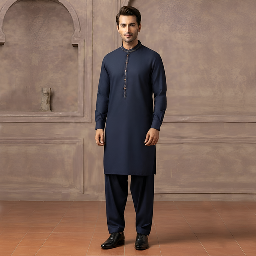 Classic Fit Emb Band Collar Suit