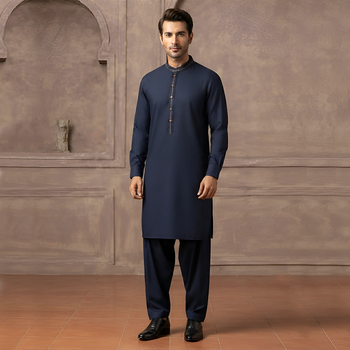 Classic Fit Emb Band Collar Suit