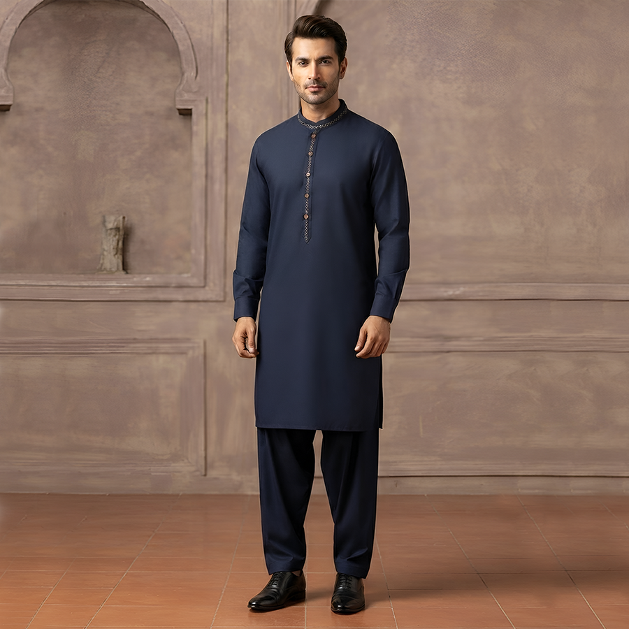 Classic Fit Emb Band Collar Suit