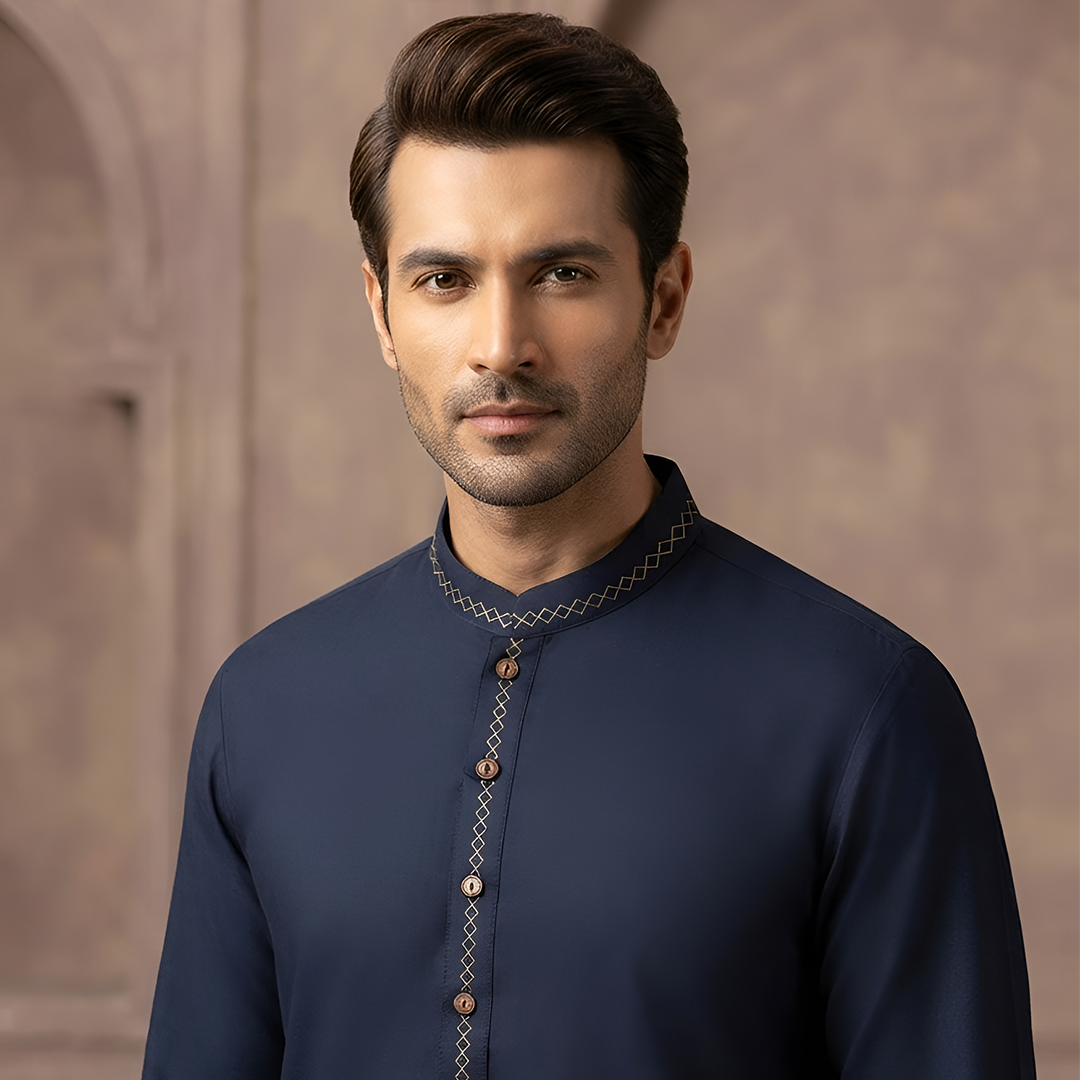 Classic Fit Emb Band Collar Suit