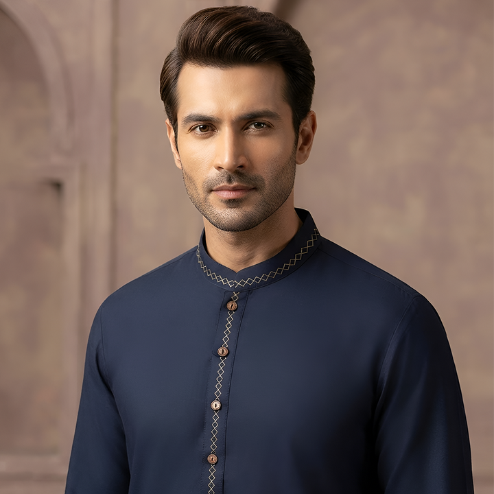 Classic Fit Emb Band Collar Suit
