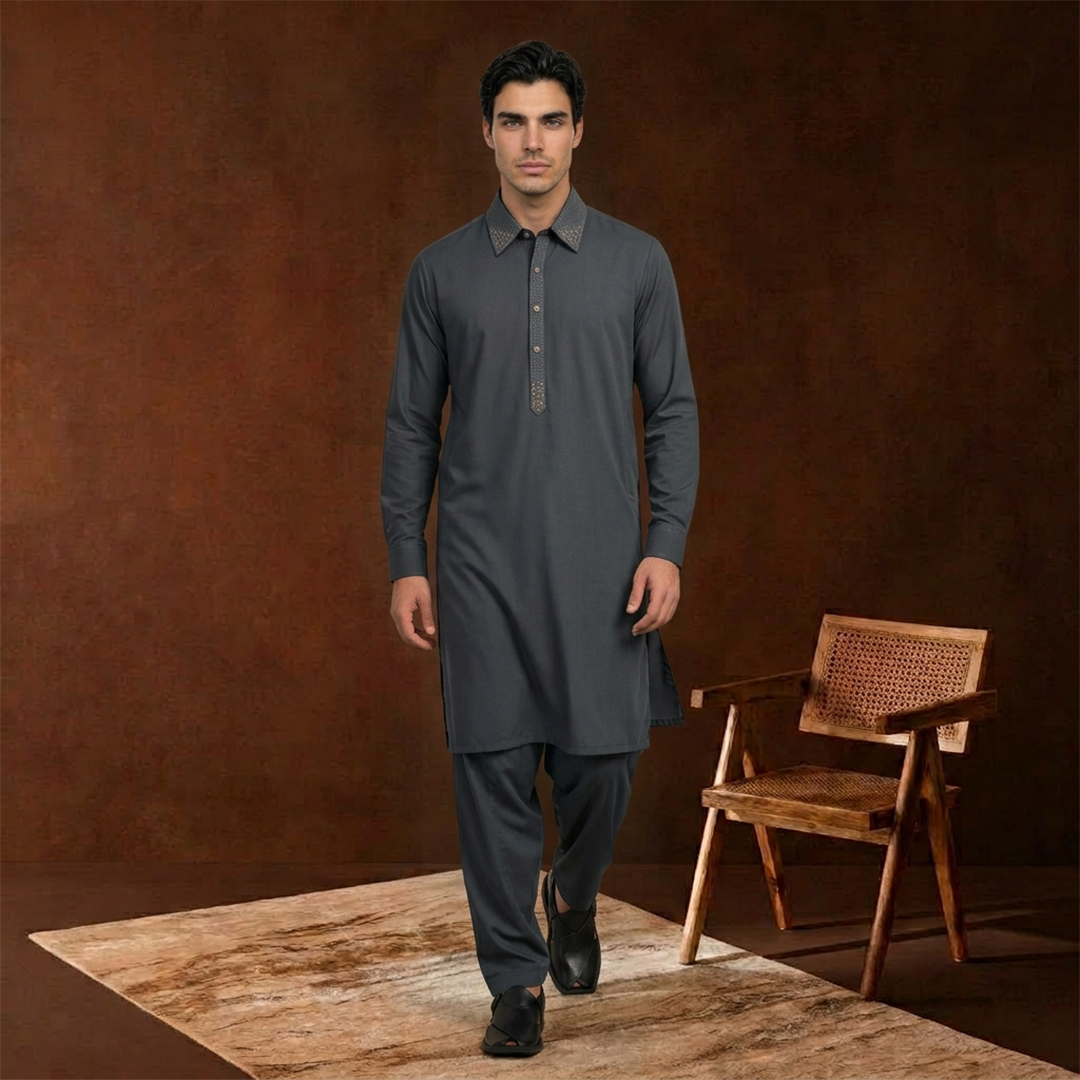 Classic Fit Emb Shirt Collar Kameez Shalwar