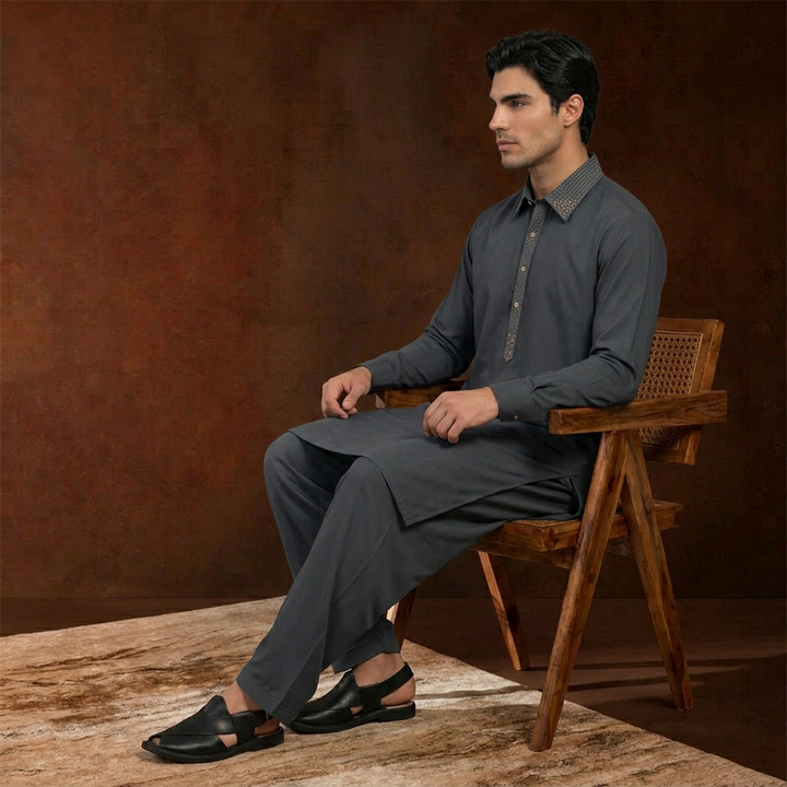 Classic Fit Emb Shirt Collar Kameez Shalwar