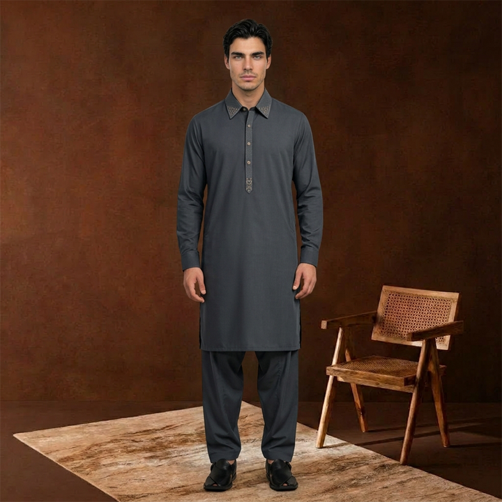 Classic Fit Emb Shirt Collar Kameez Shalwar