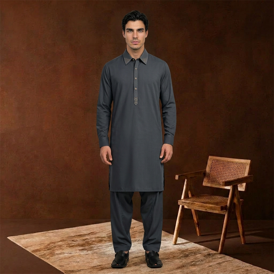Classic Fit Emb Shirt Collar Kameez Shalwar