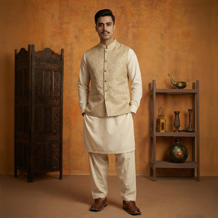 Classic Jamawar Beige Traditional Waistcoat