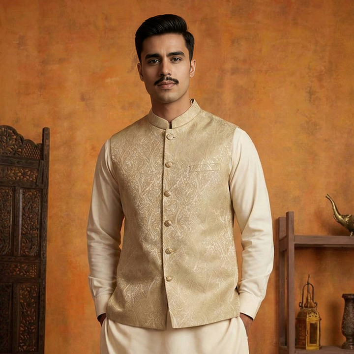 Classic Jamawar Beige Traditional Waistcoat