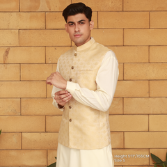 Classic Jamawar Beige Traditonal Waistcoat
