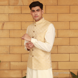 Classic Jamawar Beige Traditonal Waistcoat