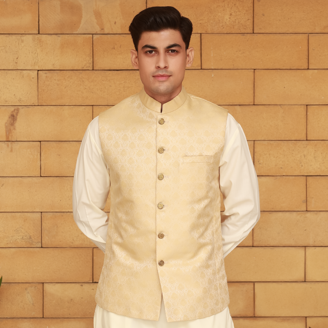 Classic Jamawar Beige Traditonal Waistcoat