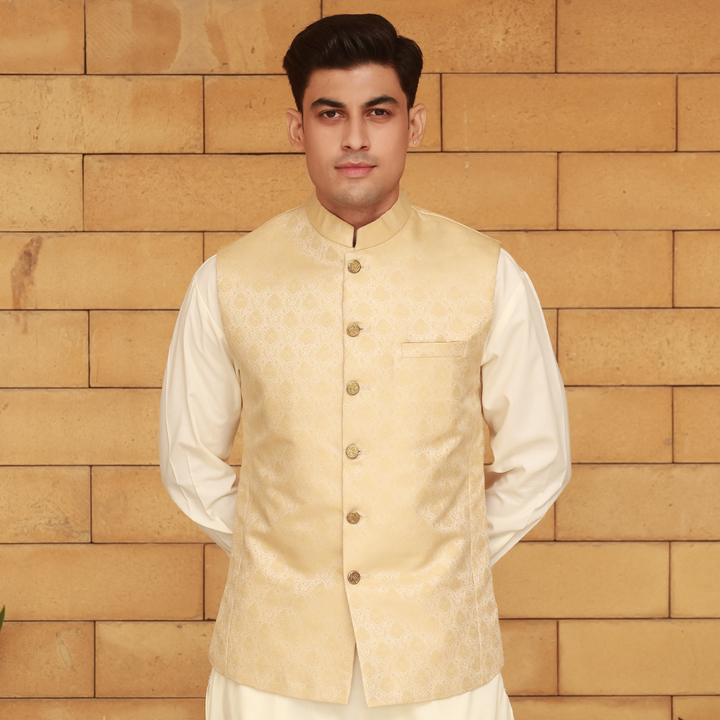 Classic Jamawar Beige Traditonal Waistcoat