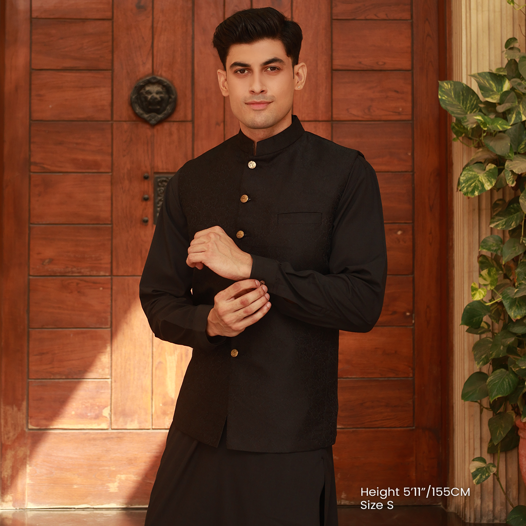 Classic Jamawar Black Traditonal Waistcoat