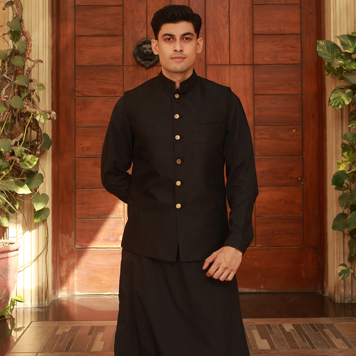 Classic Jamawar Black Traditonal Waistcoat