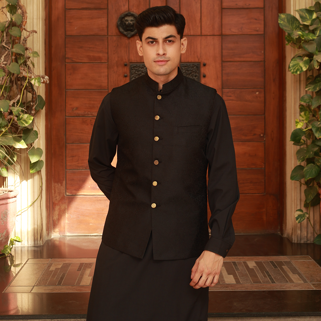 Classic Jamawar Black Traditonal Waistcoat