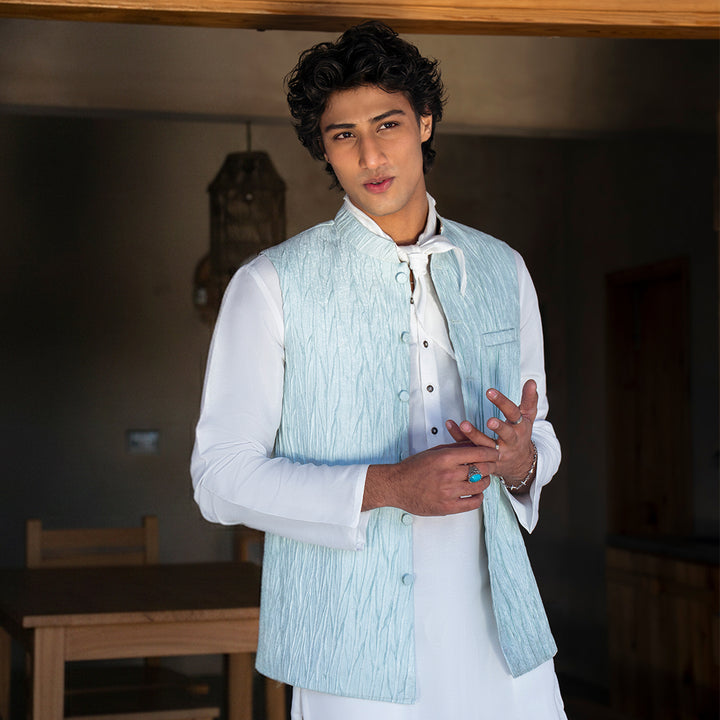 Classic Jamawar Blue Traditional Waistcoat