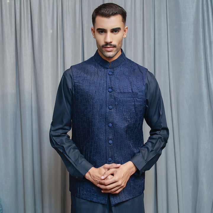 Classic Jamawar Blue Traditional Waistcoat