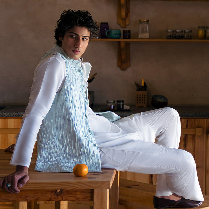 Classic Jamawar Blue Traditional Waistcoat