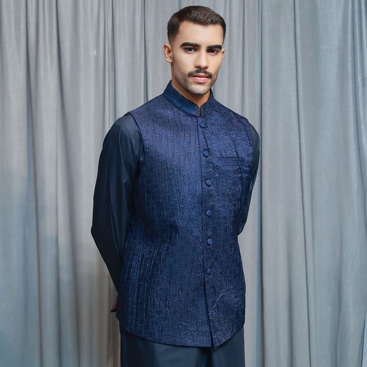Classic Jamawar Blue Traditional Waistcoat