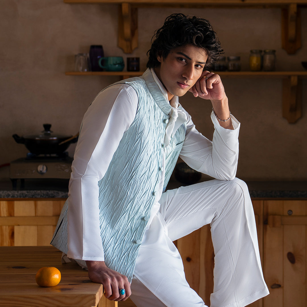 Classic Jamawar Blue Traditional Waistcoat