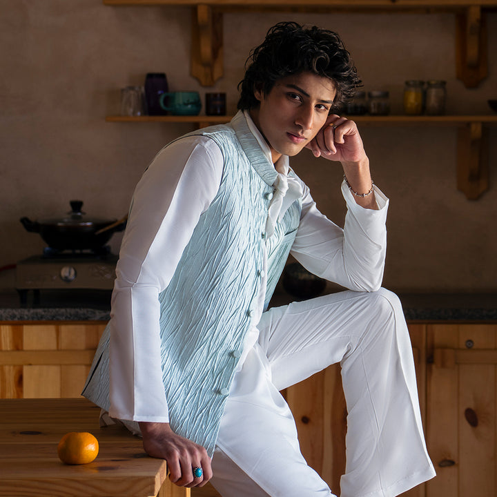 Classic Jamawar Blue Traditional Waistcoat