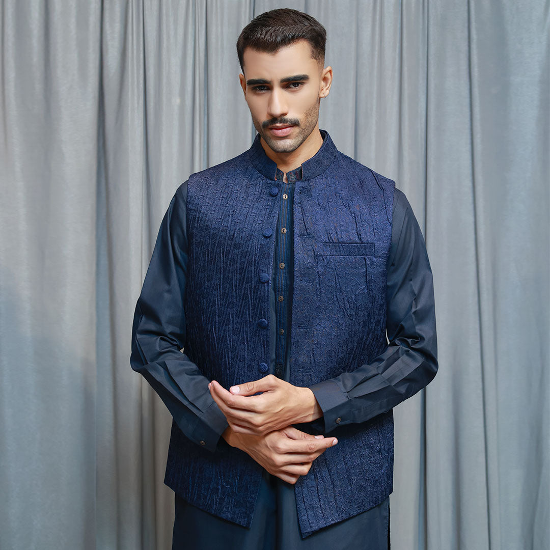 Classic Jamawar Blue Traditional Waistcoat