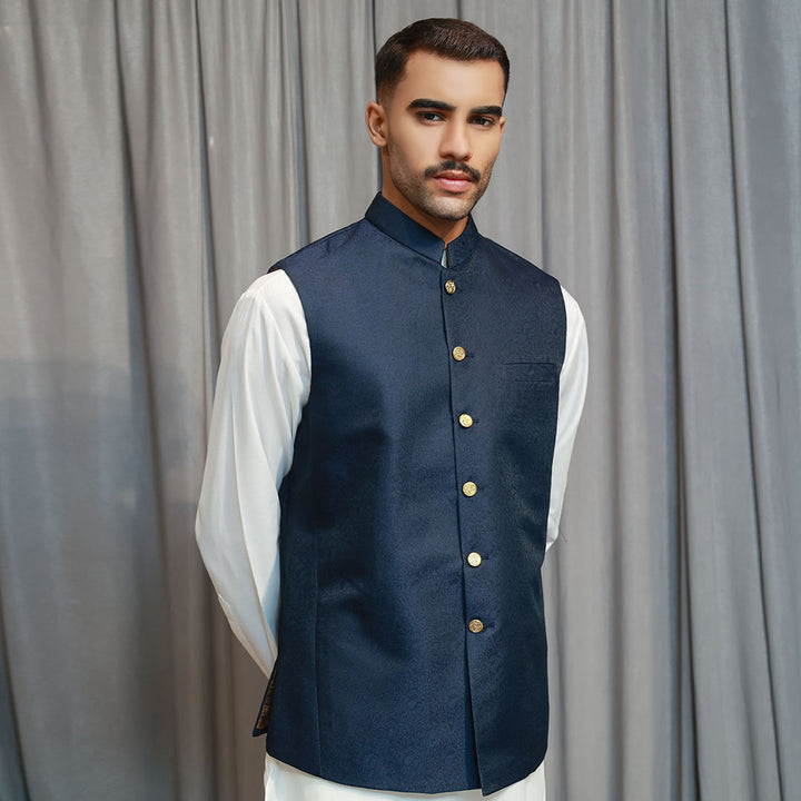 Classic Jamawar Blue Traditonal Waistcoat
